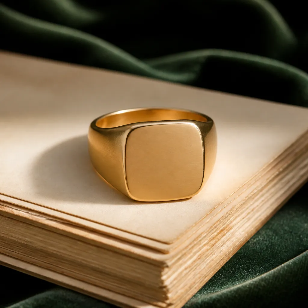 gold signet ring on cream ledgers against forest-green velvet